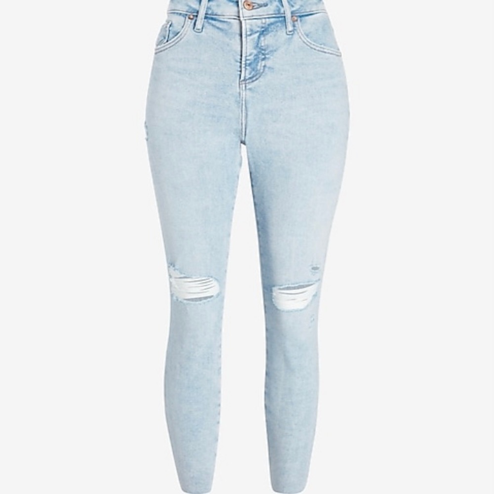 Express Curvy Mid Rise Light Wash Ripped Skinny Jeans - Picture 7 of 7